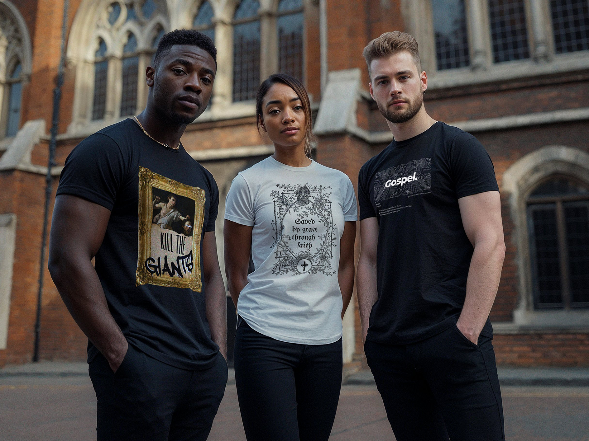 Two men wearing black 'Creative Pieces' collection t-shirts and one woman wearing a white 'Creative Pieces' collection t-shirt standing outside of a church