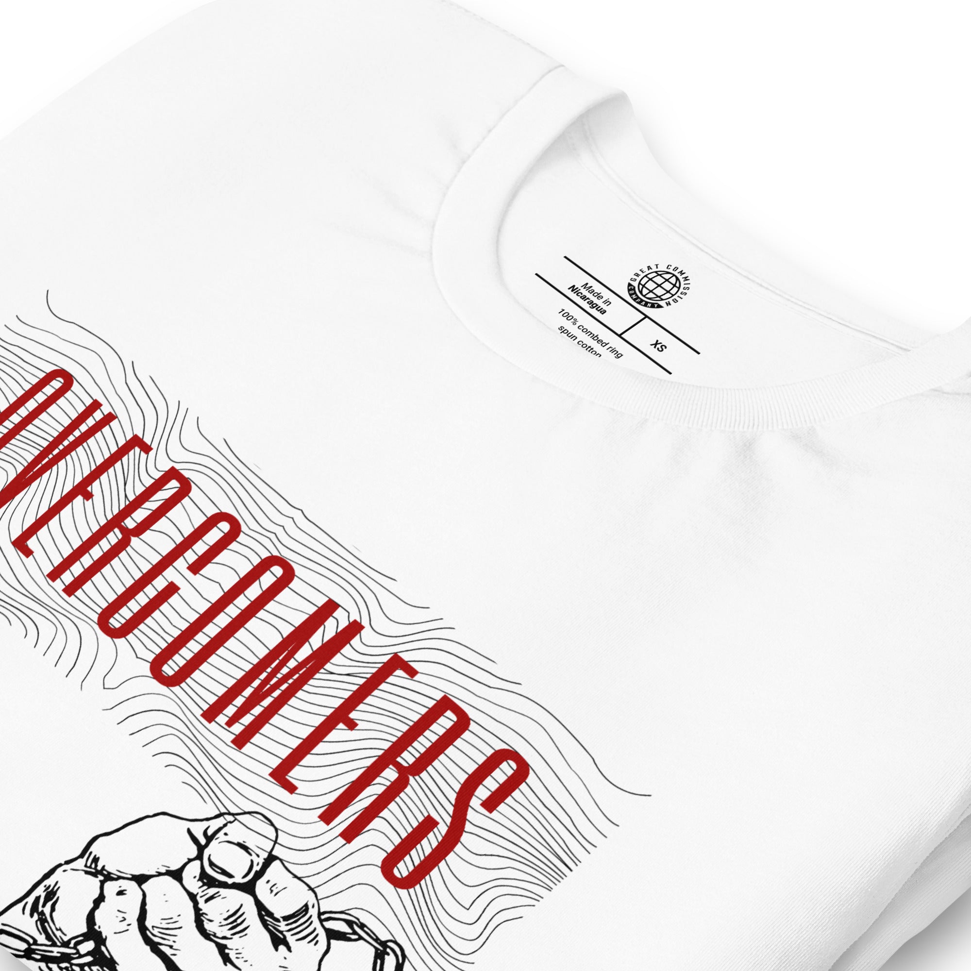 Overcomers Red Broken Chains T-Shirt - White - Close Up 